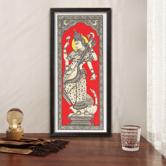 Saraswati Pattachitra Painting on Tussar Silk — Original Handmade Odisha Art | 7×16 Inches