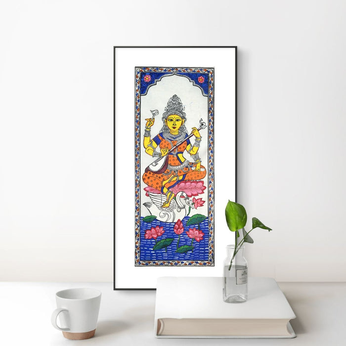 Saraswati Pattachitra Painting on Tussar Silk — Original Handmade Odisha Art | 7×16 Inches