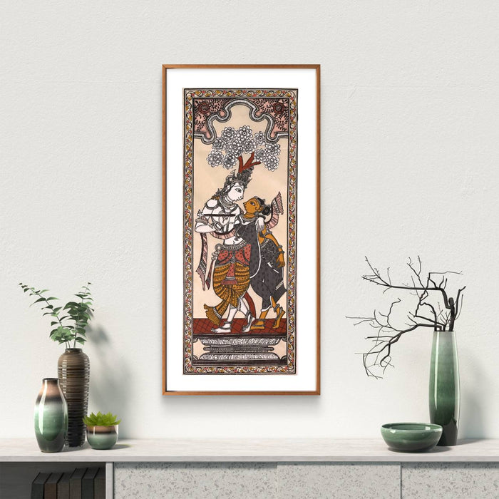 Radha Krishna Pattachitra Painting on Tussar Silk — Original Handmade Odisha Art | 7×16 Inches | Divine Love