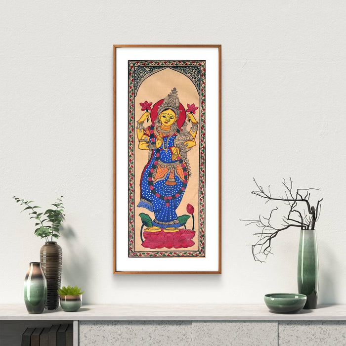 Lakshmi Pattachitra Painting on Tussar Silk — Original Handmade Odisha Art | 7×16 Inches