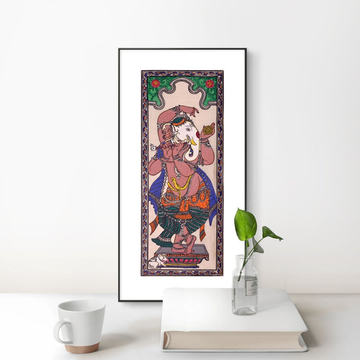 Dancing Ganesha Pattachitra Painting on Tussar Silk — Original Handmade Odisha Art | 7×16 Inches