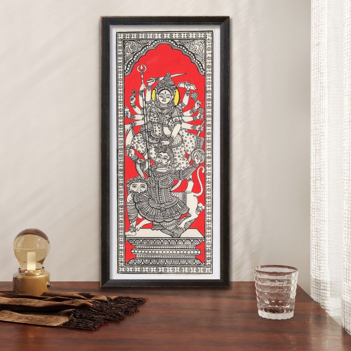 Durga Pattachitra Painting on Tussar Silk — Original Handmade Odisha Art | 7×16 Inches