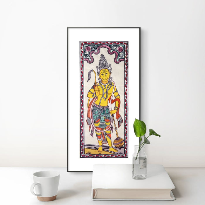Hanuman Pattachitra Painting on Tussar Silk — Original Handmade Odisha Art | 7×16 Inches