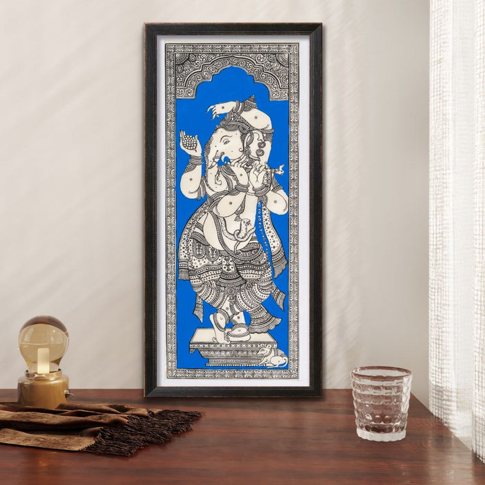 Dancing Ganesha Pattachitra Painting on Tussar Silk — Original Handmade Odisha Art | 7×16 Inches