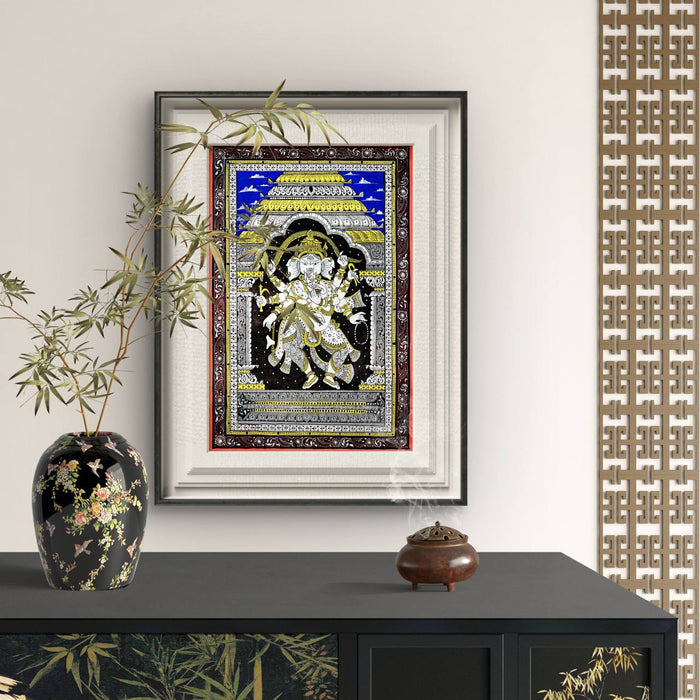Nritya Ganapati Pattachitra — Original Odisha Dancing Ganesha on Black Ground | 13×19 Inches | Sacred Ganesha Wall Art