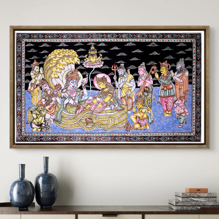 Anantshayana Vishnu Pattachitra — Original Handmade Odisha Painting | 24×40 Inches | Vishnu Lakshmi Brahma Shiva Ganesha Hanuman