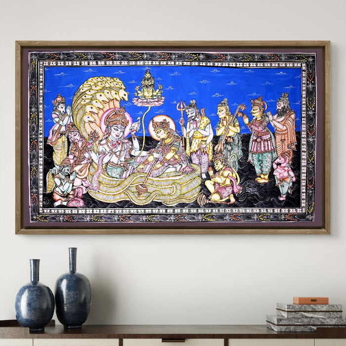 Anantshayana Vishnu Pattachitra — Original Handmade Odisha Painting | 24×40 Inches | Vishnu Lakshmi Brahma Shiva Ganesha Hanuman