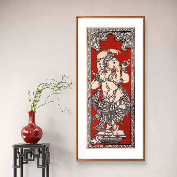 Dancing Ganesha Pattachitra Painting on Tussar Silk — Original Handmade Odisha Art | 7×16 Inches