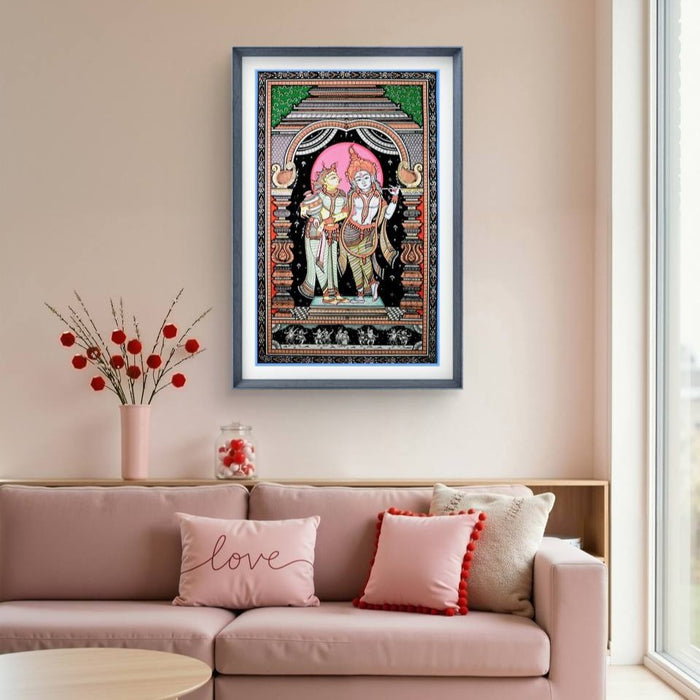 Radha Krishna Pattachitra Painting — Original Handmade Odisha Art | 24×40 Inches | Divine Love Artwork