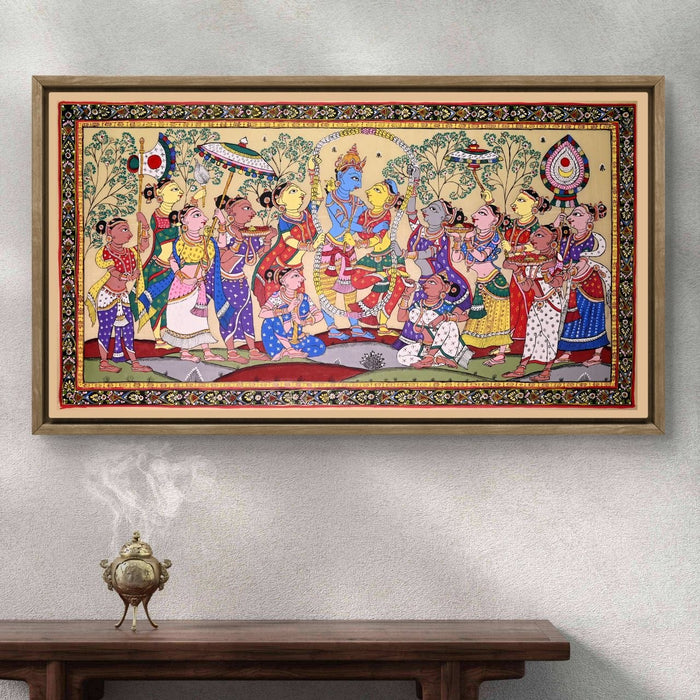Krishna Gopi Vrindavan Pattachitra on Tussar Silk — Original Odisha Hand-Painted Bhakti Art | 24×44 Inches | Sacred Krishna Wall Art