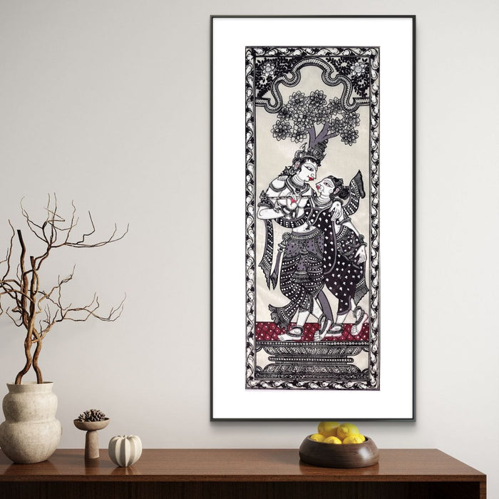Radha Krishna Pattachitra Painting on Tussar Silk — Original Handmade Odisha Art | 7×16 Inches | Divine Love
