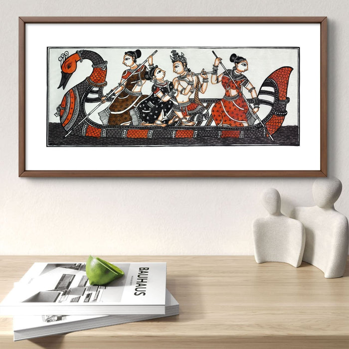 Krishna Leela Boat Scene Pattachitra Painting on Tussar Silk — Original Handmade Odisha Art | 7×16 Inches