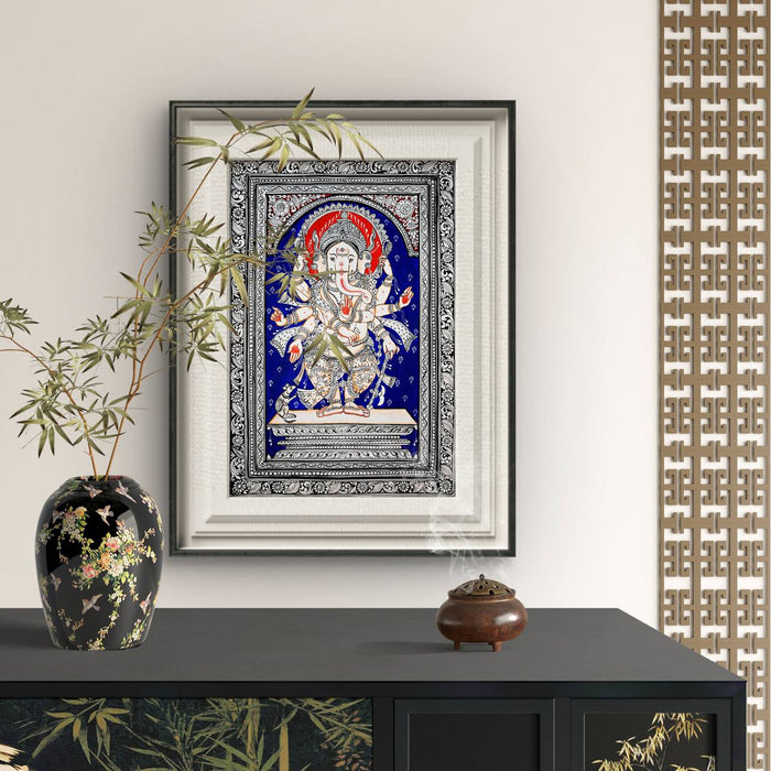 Standing Ganesha Pattachitra — Original Odisha Silver Linework on Royal Blue | 13×19 Inches | Sacred Ganesha Wall Art