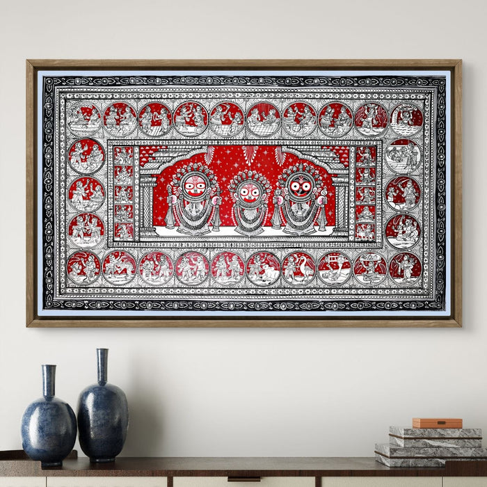 Jagannath Pattachitra Painting — Original Handmade Odisha Art | 24×40 Inches | Jagannath Balabhadra Subhadra with Katha Scenes