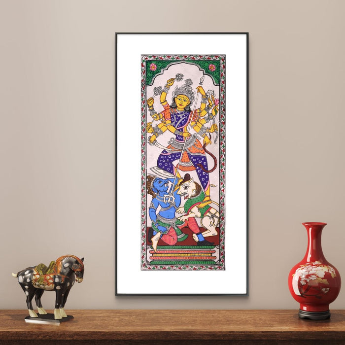 Durga Pattachitra Painting on Tussar Silk — Original Handmade Odisha Art | 7×16 Inches