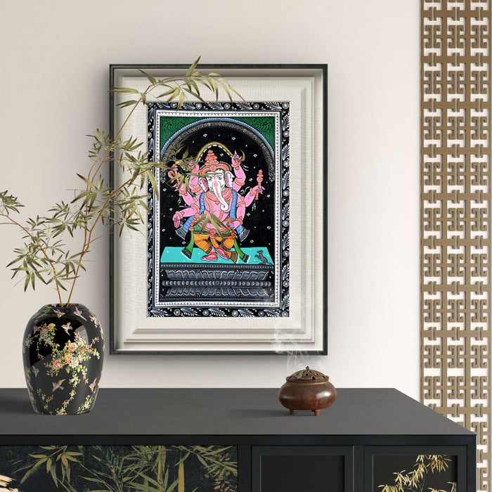Six-Armed Ganesha Pattachitra — Original Odisha Hand-Painted Cosmic Temple Art | 13×19 Inches | Sacred Ganesha Wall Art