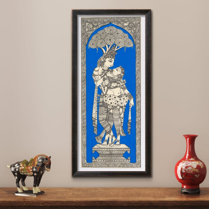 Radha Krishna Pattachitra Painting on Tussar Silk — Original Handmade Odisha Art | 7×16 Inches | Divine Love