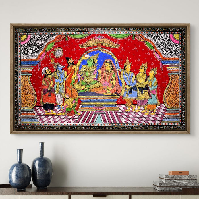 Ram Darbar Pattachitra Painting — Original Handmade Odisha Art | 24×40 Inches | Rama Sita Lakshmana Hanuman Bharata Shatrughna