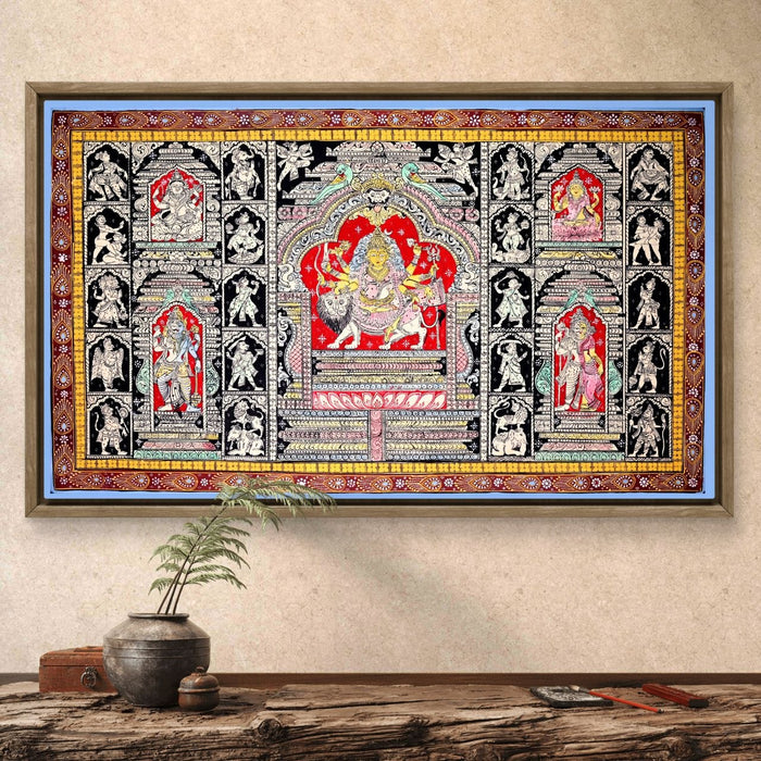 Durga Pattachitra Painting — Original Handmade Odisha Art | 24×40 Inches | Durga Parivar with Ganesha Lakshmi Saraswati Shiva