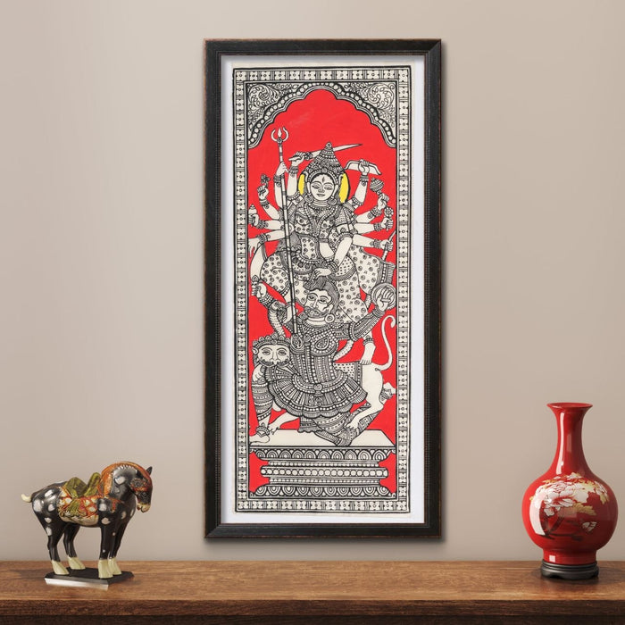 Durga Pattachitra Painting on Tussar Silk — Original Handmade Odisha Art | 7×16 Inches