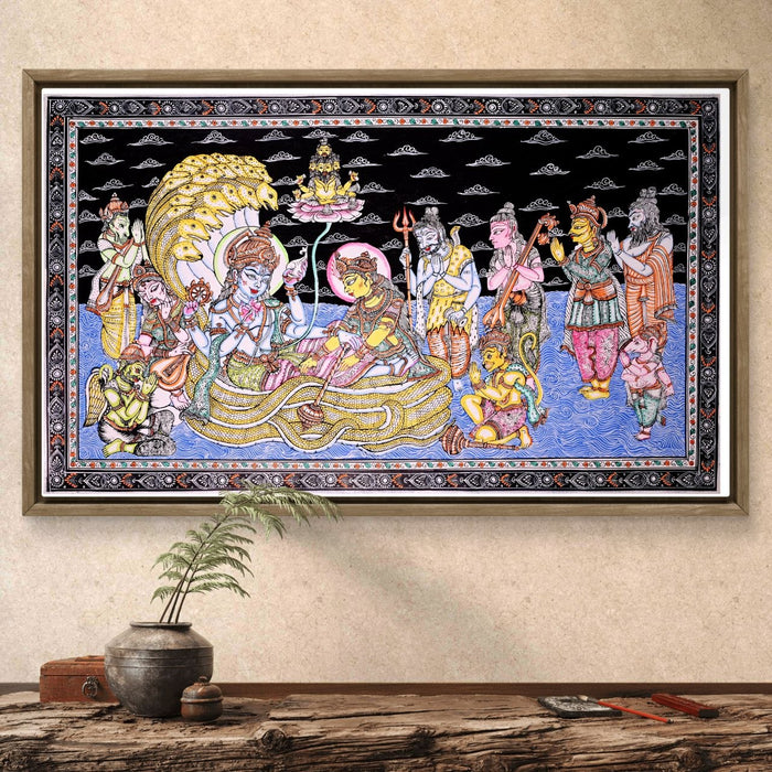 Anantshayana Vishnu Pattachitra — Original Handmade Odisha Painting | 24×40 Inches | Vishnu Lakshmi Brahma Shiva Ganesha Hanuman