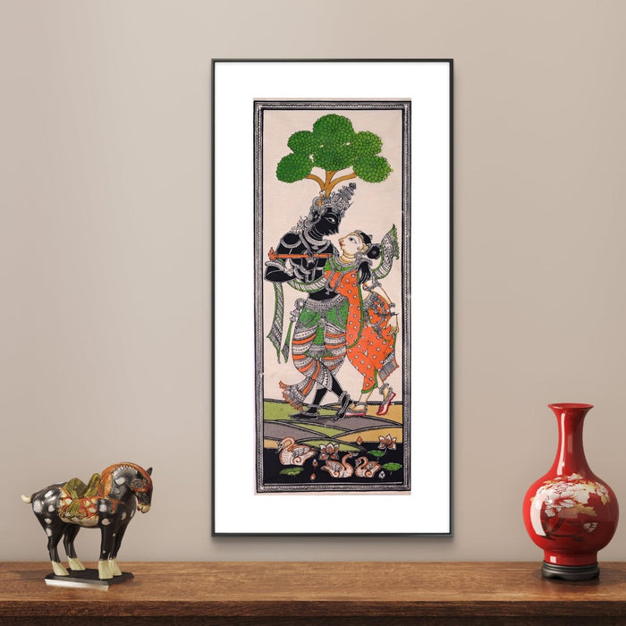 Radha Krishna Pattachitra Painting on Tussar Silk — Original Handmade Odisha Art | 7×16 Inches | Divine Love
