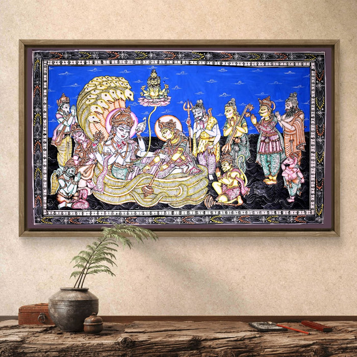 Anantshayana Vishnu Pattachitra — Original Handmade Odisha Painting | 24×40 Inches | Vishnu Lakshmi Brahma Shiva Ganesha Hanuman