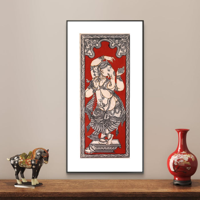 Dancing Ganesha Pattachitra Painting on Tussar Silk — Original Handmade Odisha Art | 7×16 Inches