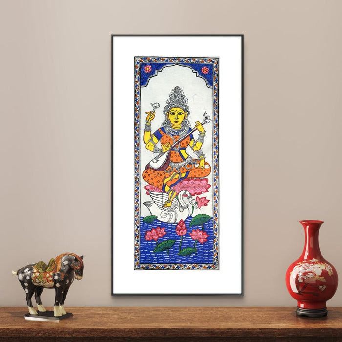 Saraswati Pattachitra Painting on Tussar Silk — Original Handmade Odisha Art | 7×16 Inches