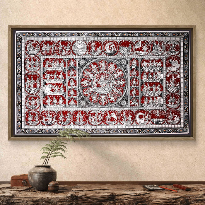Krishna Life Story Pattachitra — Original Handmade Odisha Painting | 24×40 Inches | Dashavatara & Krishna Leela