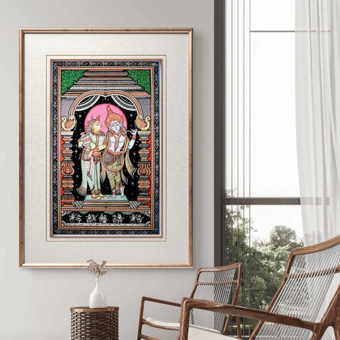 Radha Krishna Pattachitra Painting — Original Handmade Odisha Art | 24×40 Inches | Divine Love Artwork