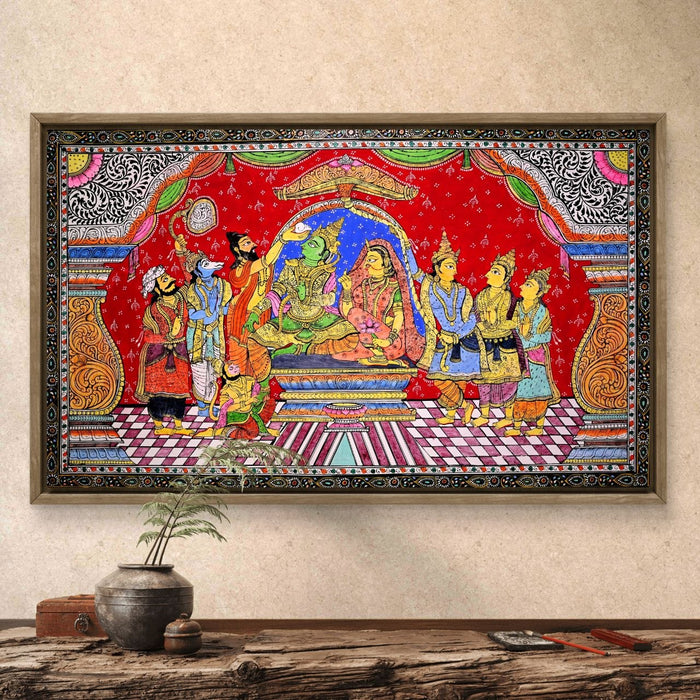 Ram Darbar Pattachitra Painting — Original Handmade Odisha Art | 24×40 Inches | Rama Sita Lakshmana Hanuman Bharata Shatrughna