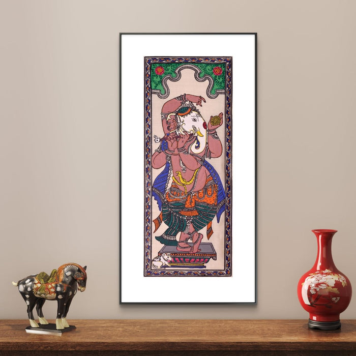 Dancing Ganesha Pattachitra Painting on Tussar Silk — Original Handmade Odisha Art | 7×16 Inches