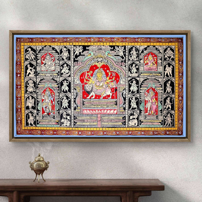 Durga Pattachitra Painting — Original Handmade Odisha Art | 24×40 Inches | Durga Parivar with Ganesha Lakshmi Saraswati Shiva