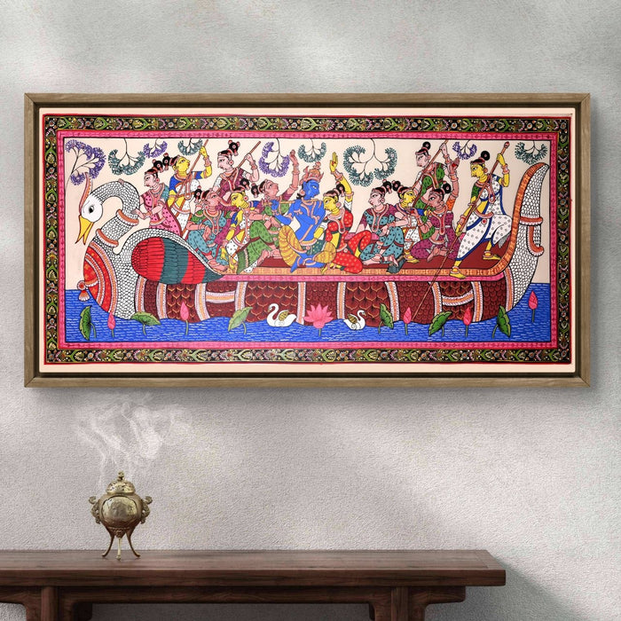Krishna Gopi Vrindavan Pattachitra on Tussar Silk — Original Odisha Hand-Painted Bhakti Art | 24×44 Inches | Sacred Krishna Wall Art
