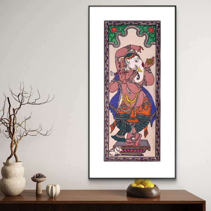 Dancing Ganesha Pattachitra Painting on Tussar Silk — Original Handmade Odisha Art | 7×16 Inches