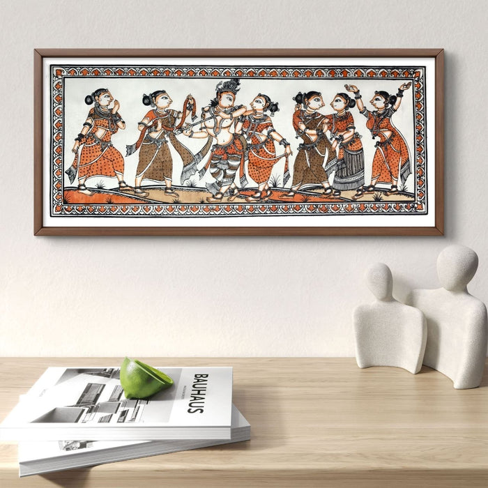 Krishna Raas Leela Pattachitra Painting on Tussar Silk — Original Handmade Odisha Art | 7×16 Inches