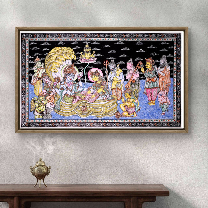 Anantshayana Vishnu Pattachitra — Original Handmade Odisha Painting | 24×40 Inches | Vishnu Lakshmi Brahma Shiva Ganesha Hanuman