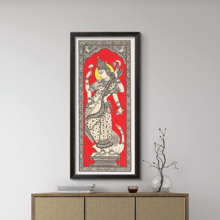 Saraswati Pattachitra Painting on Tussar Silk — Original Handmade Odisha Art | 7×16 Inches
