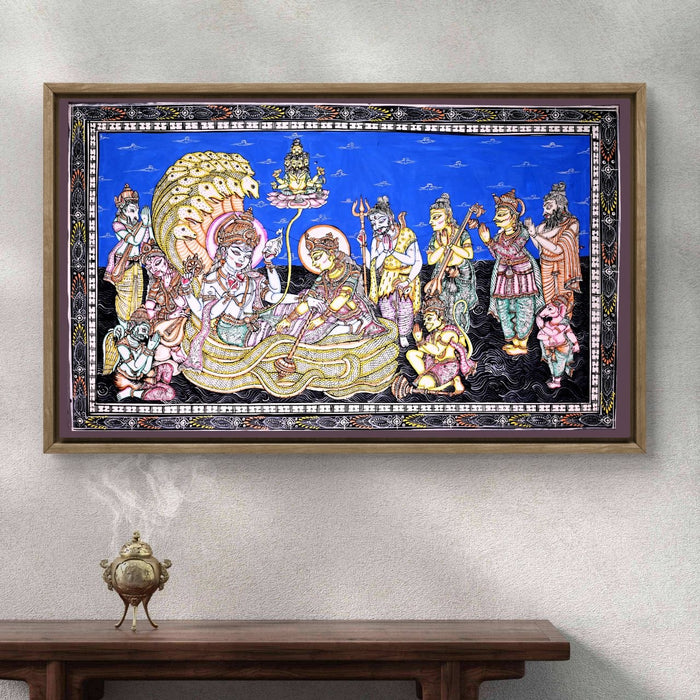 Anantshayana Vishnu Pattachitra — Original Handmade Odisha Painting | 24×40 Inches | Vishnu Lakshmi Brahma Shiva Ganesha Hanuman