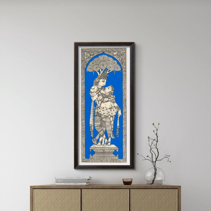 Radha Krishna Pattachitra Painting on Tussar Silk — Original Handmade Odisha Art | 7×16 Inches | Divine Love