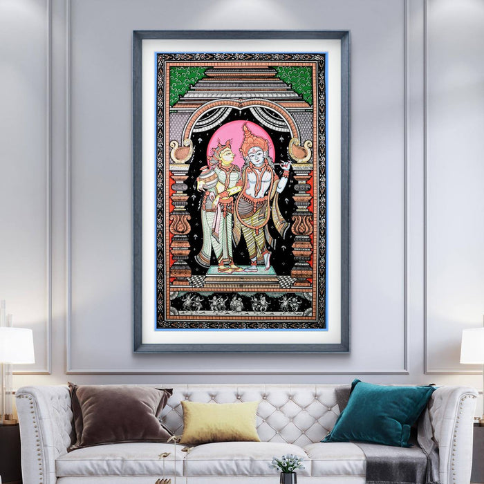Radha Krishna Pattachitra Painting — Original Handmade Odisha Art | 24×40 Inches | Divine Love Artwork