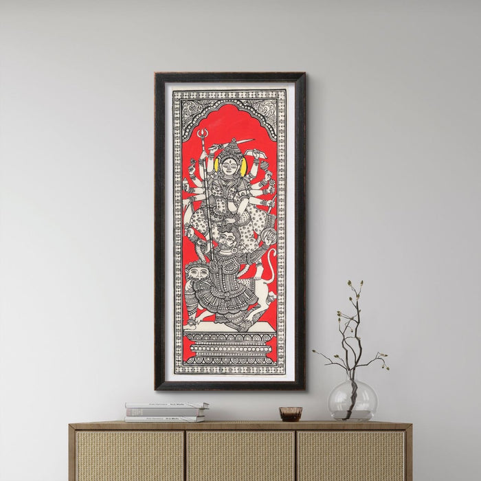 Durga Pattachitra Painting on Tussar Silk — Original Handmade Odisha Art | 7×16 Inches