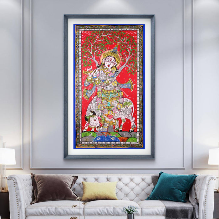 Krishna Life Story Pattachitra Painting — Original Handmade Odisha Art | 24×40 Inches | Narrative Krishna with Cow