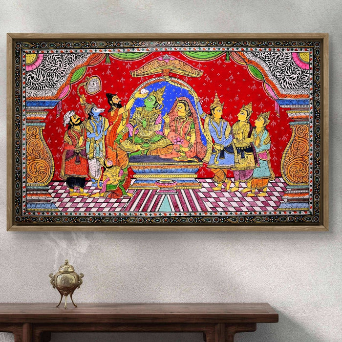 Ram Darbar Pattachitra Painting — Original Handmade Odisha Art | 24×40 Inches | Rama Sita Lakshmana Hanuman Bharata Shatrughna