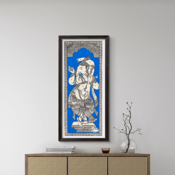 Dancing Ganesha Pattachitra Painting on Tussar Silk — Original Handmade Odisha Art | 7×16 Inches