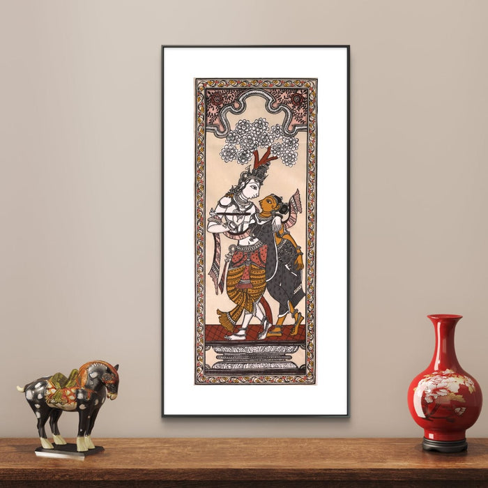 Radha Krishna Pattachitra Painting on Tussar Silk — Original Handmade Odisha Art | 7×16 Inches | Divine Love