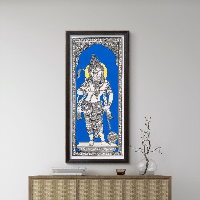 Hanuman Pattachitra Painting on Tussar Silk — Original Handmade Odisha Art | 7×16 Inches