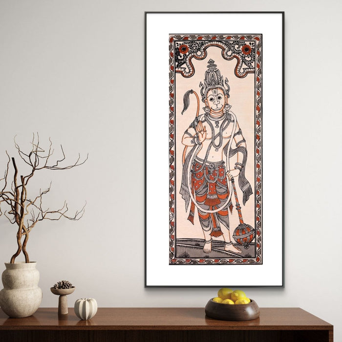 Hanuman Pattachitra Painting on Tussar Silk — Original Handmade Odisha Art | 7×16 Inches