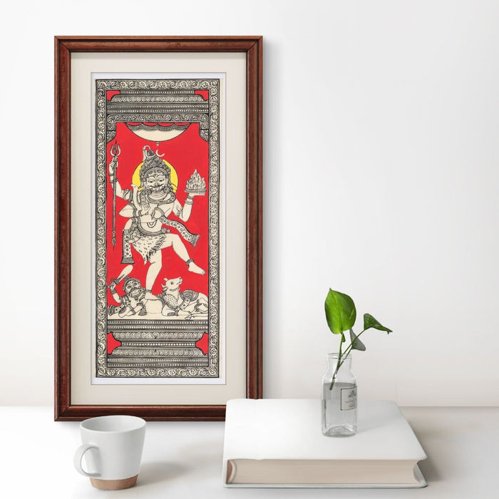 Shiva Pattachitra Painting on Tussar Silk — Original Handmade Odisha Art | 7×16 Inches